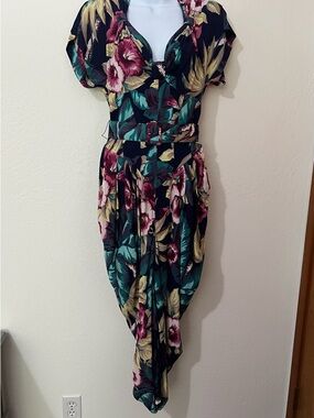 Karen Alexander Vintage Navy Floral Belted Dress with Green & Burgundy Flowers